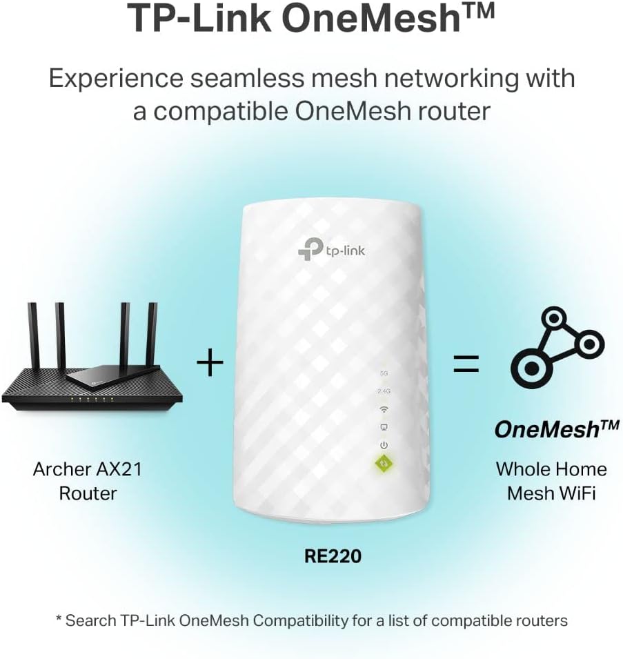 TP-Link WiFi Extender with Ethernet Port, Dual Band 5GHz/2.4GHz , Up to 44% more bandwidth than single band, Covers Up to 1200 Sq.ft and 30 Devices, signal booster amplifier supports OneMesh (RE220)