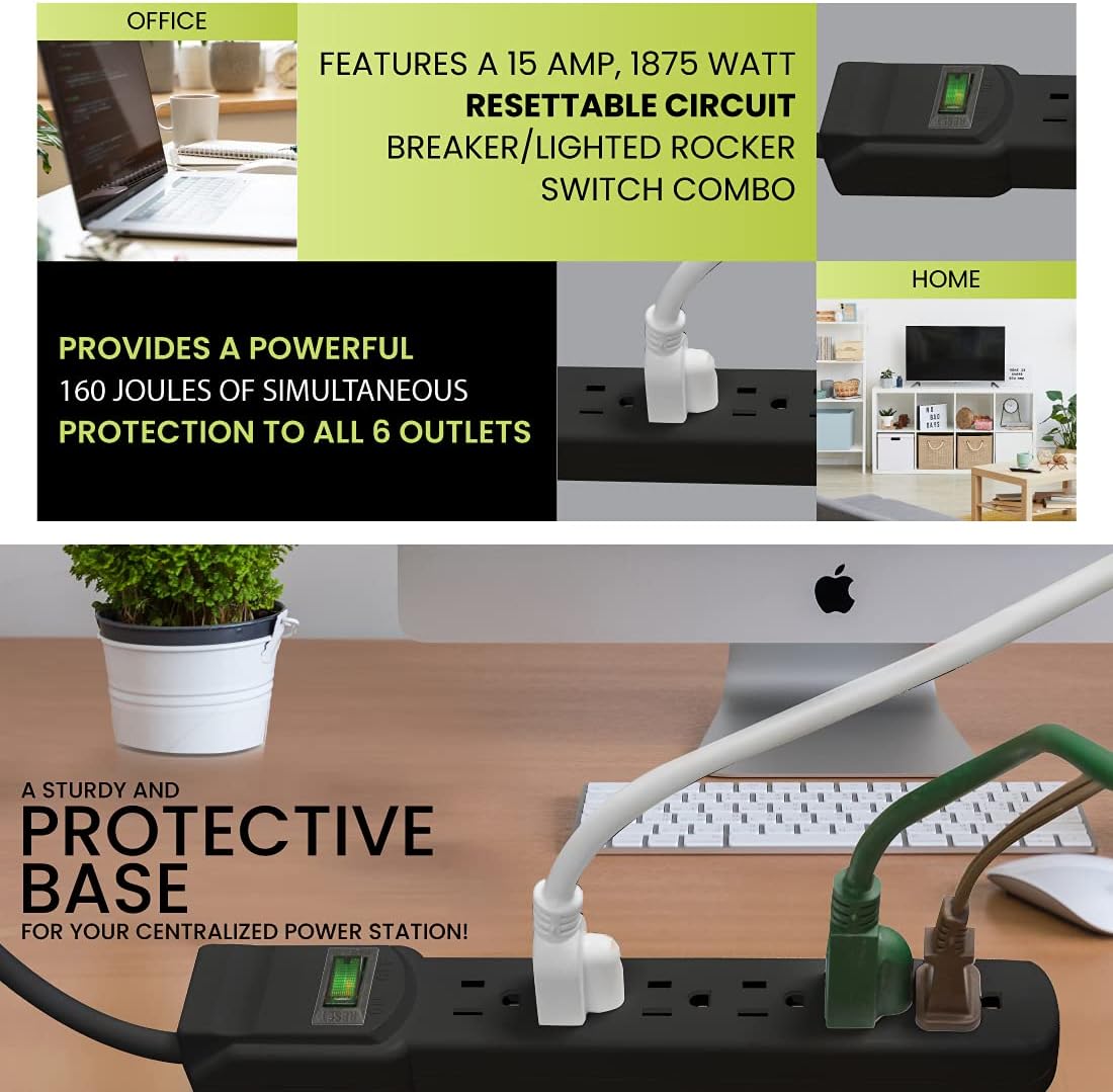 GoGreen Power (GG-16103MSBK) 6 Outlet Surge Protector, Black, 2.5 Ft. Cord