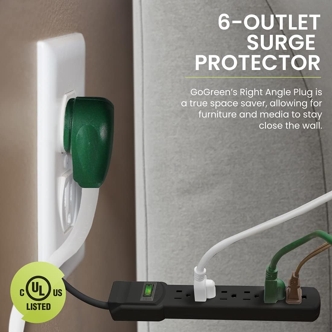 GoGreen Power (GG-16103MSBK) 6 Outlet Surge Protector, Black, 2.5 Ft. Cord