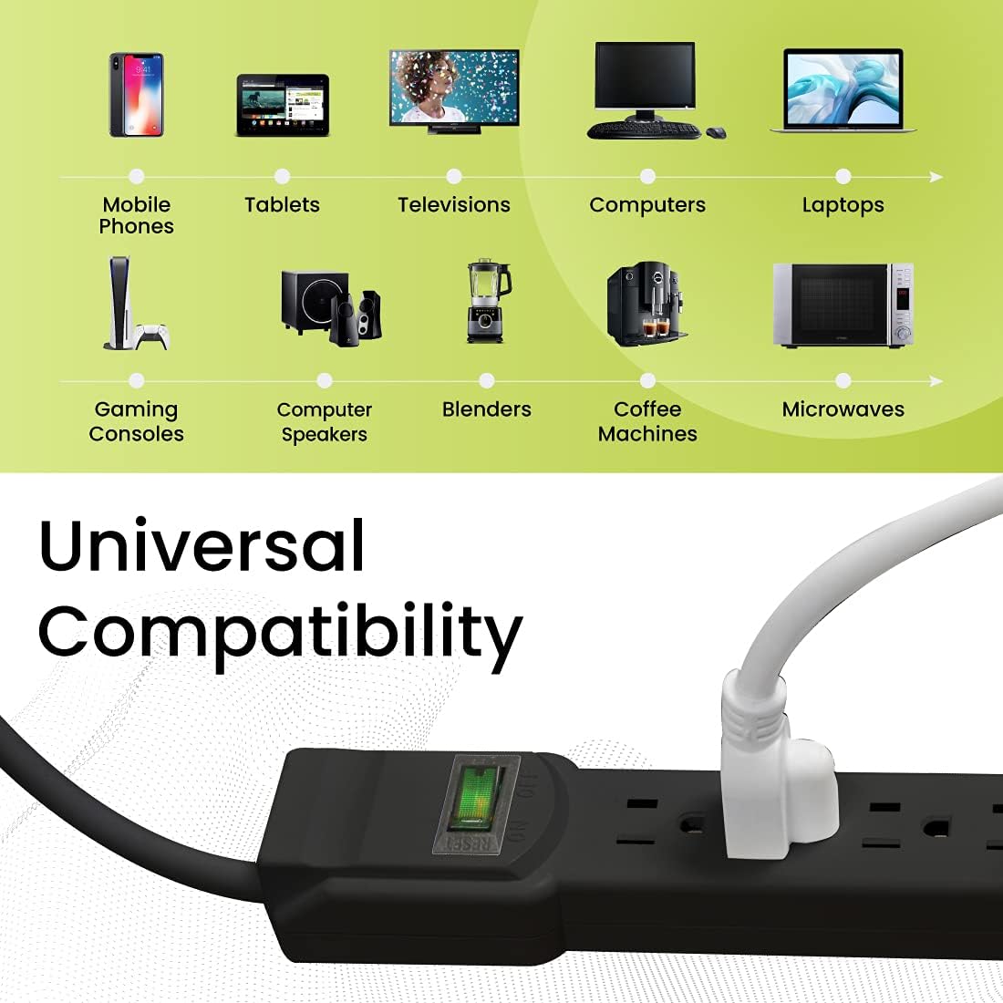 GoGreen Power (GG-16103MSBK) 6 Outlet Surge Protector, Black, 2.5 Ft. Cord