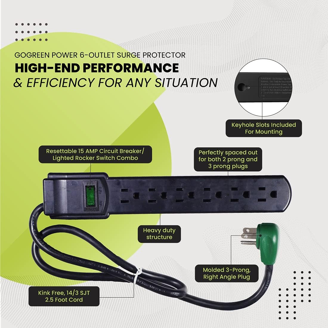 GoGreen Power (GG-16103MSBK) 6 Outlet Surge Protector, Black, 2.5 Ft. Cord