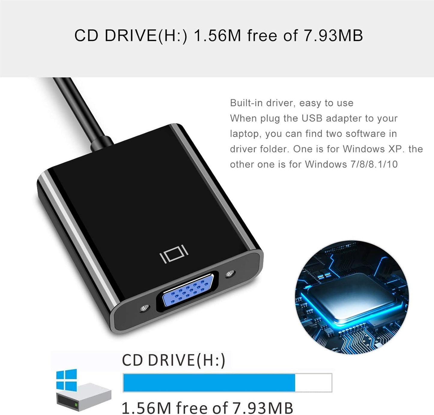 USB to VGA Adapter for Monitor, VGA to USB 3.0/2.0 Converter 1080P Multi-Display Video Cable for Laptop Desktop PC to Monitors, Projector, TV. (Not Support Chromebook,Windows 11 is not Supported,)