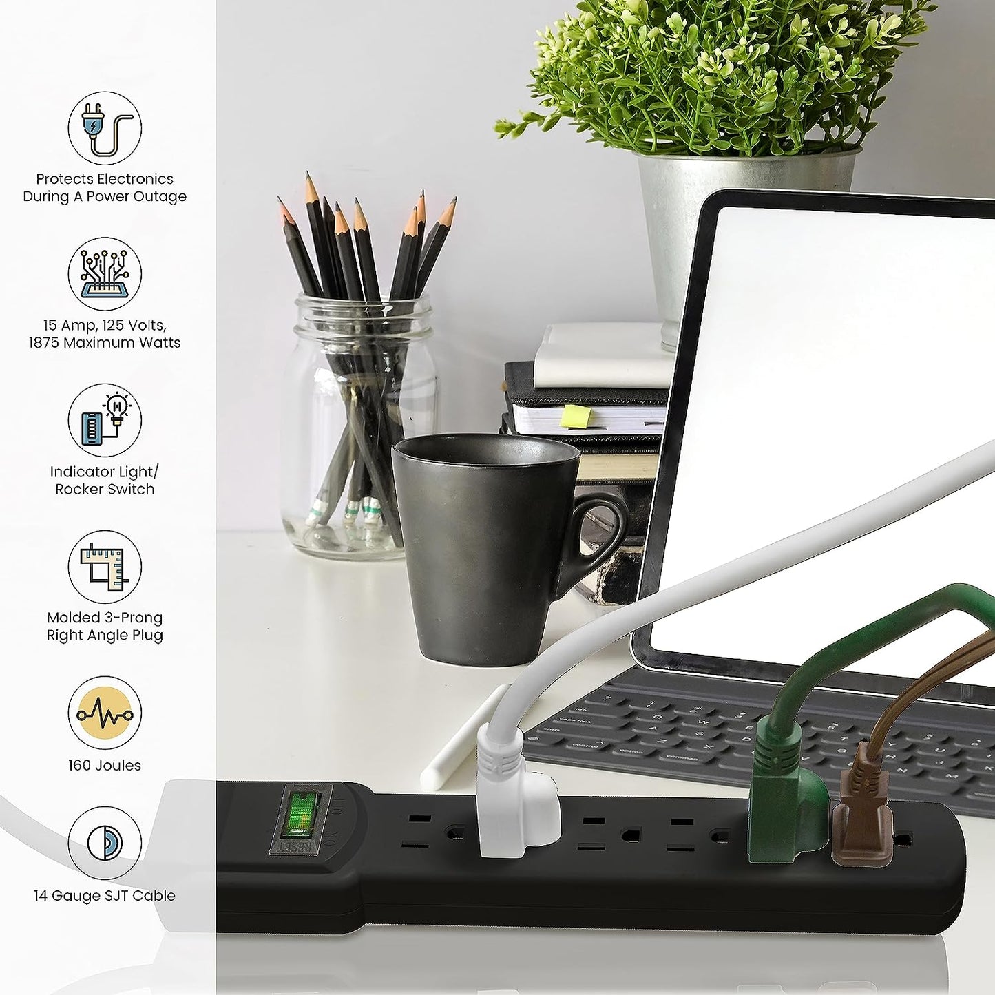 GoGreen Power (GG-16103MSBK) 6 Outlet Surge Protector, Black, 2.5 Ft. Cord