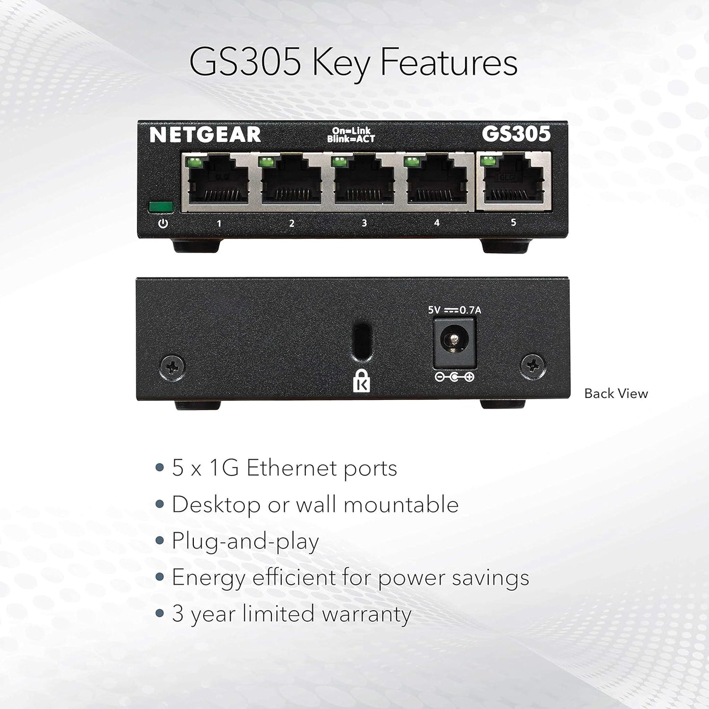 OPEN BOX - NETGEAR 5-Port Gigabit Ethernet Unmanaged Switch (GS305) - Home Network Hub, Office Ethernet Splitter, Plug-and-Play, Silent Operation, Desktop or Wall Mount