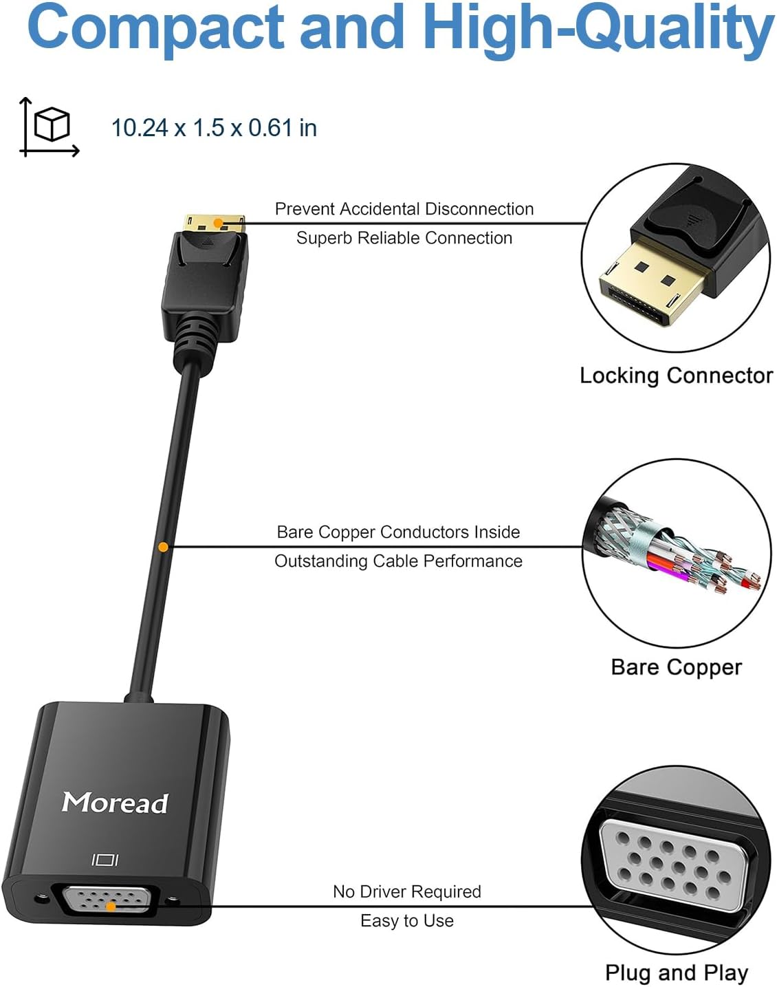 DisplayPort (DP) to VGA Adapter, Gold-Plated Display Port to VGA Adapter (Male to Female) Compatible with Computer, Desktop, Laptop, PC, Monitor, Projector, HDTV - Black