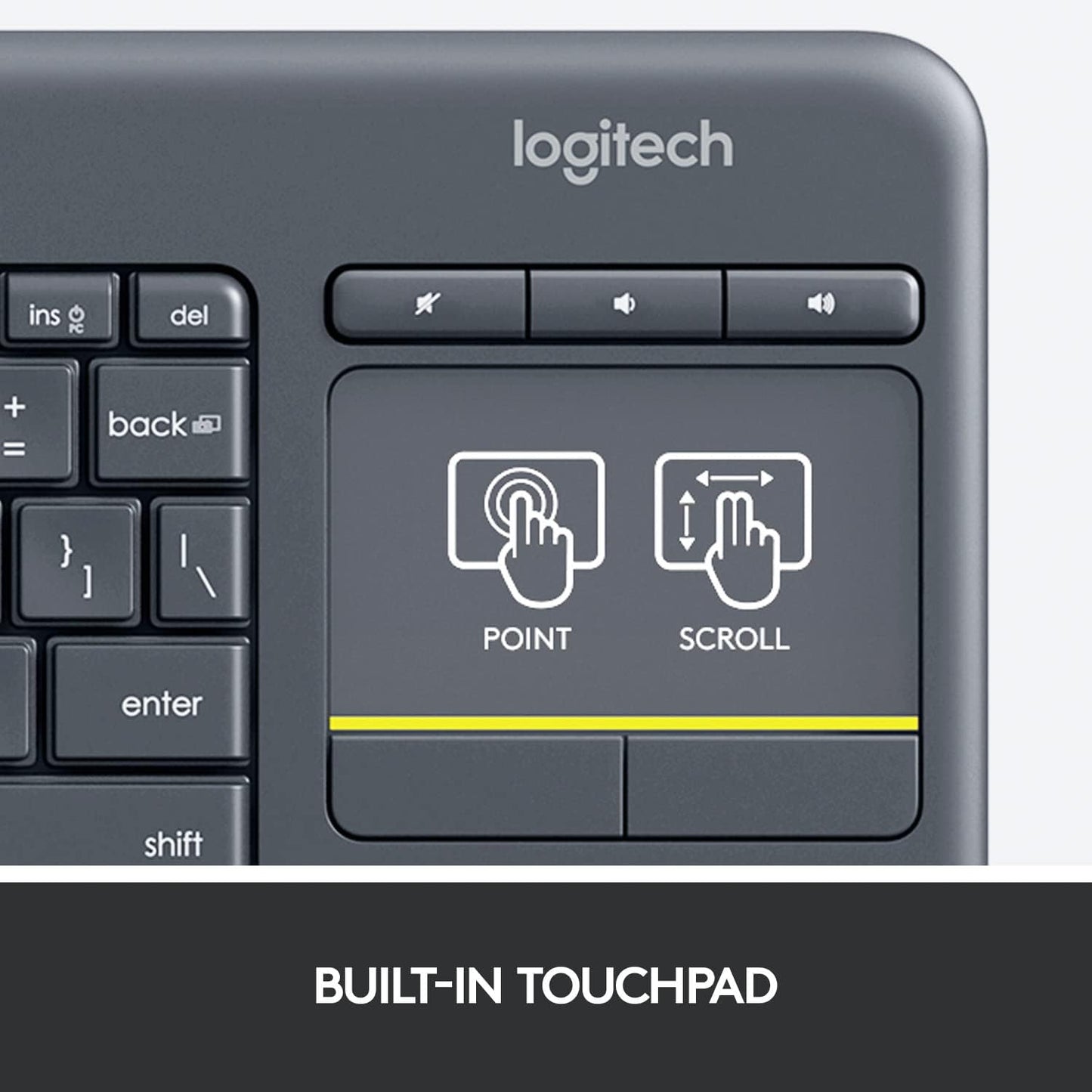 OPEN BOX Logitech K400 Plus Wireless Touch With Easy Media Control and Built-in Touchpad, HTPC Keyboard for PC-connected TV, Windows, Android, Chrome OS, Laptop, Tablet - Black