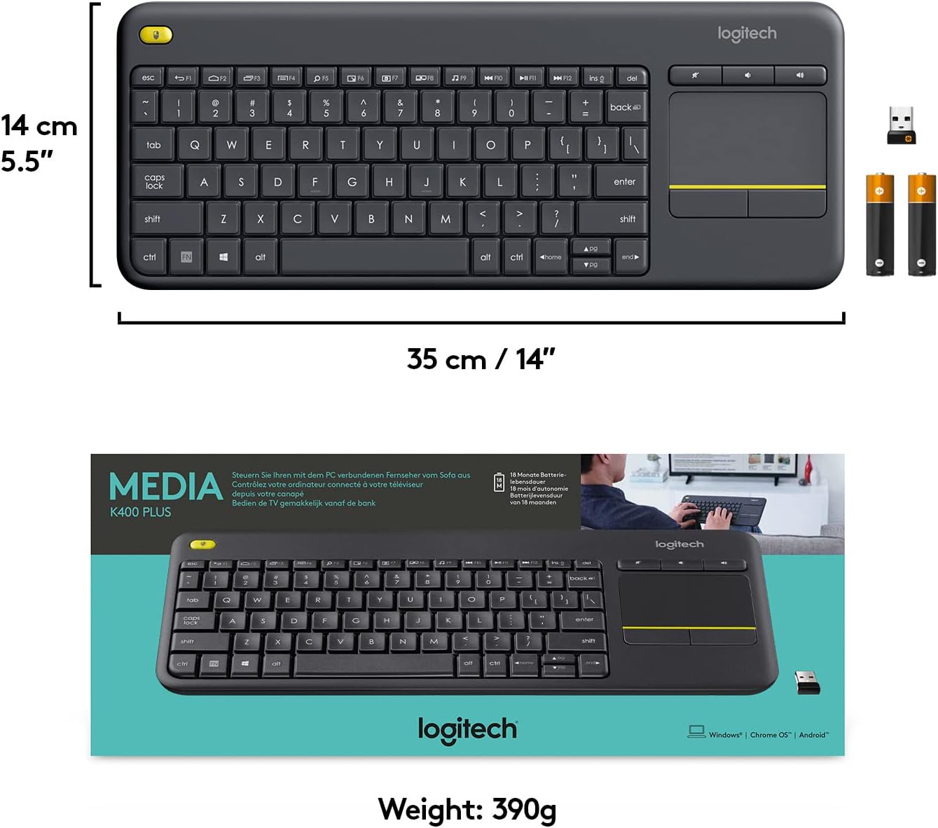 Logitech K400 Plus Wireless Touch With Easy Media Control and Built-in Touchpad, HTPC Keyboard for PC-connected TV, Windows, Android, Chrome OS, Laptop, Tablet - Black