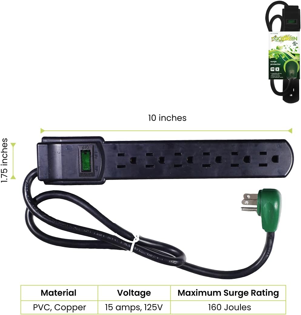 GoGreen Power (GG-16103MSBK) 6 Outlet Surge Protector, Black, 2.5 Ft. Cord