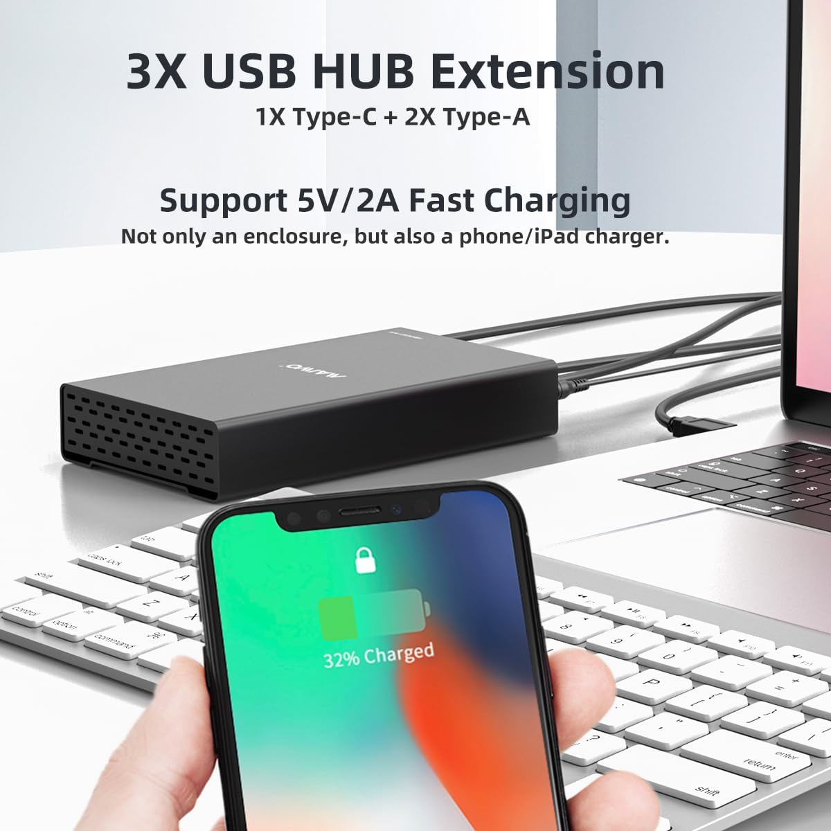 MAIWO External Hard Drive Enclosure for 2.5 3.5 inch SATA SSD HDD, USB3.1 Type-C to SATA Drive Adapter Case, 10Gbps with UASP, 18TB Capacity, 3X HUB Extension, Fits 7/9.5/12.5/15mm Disk