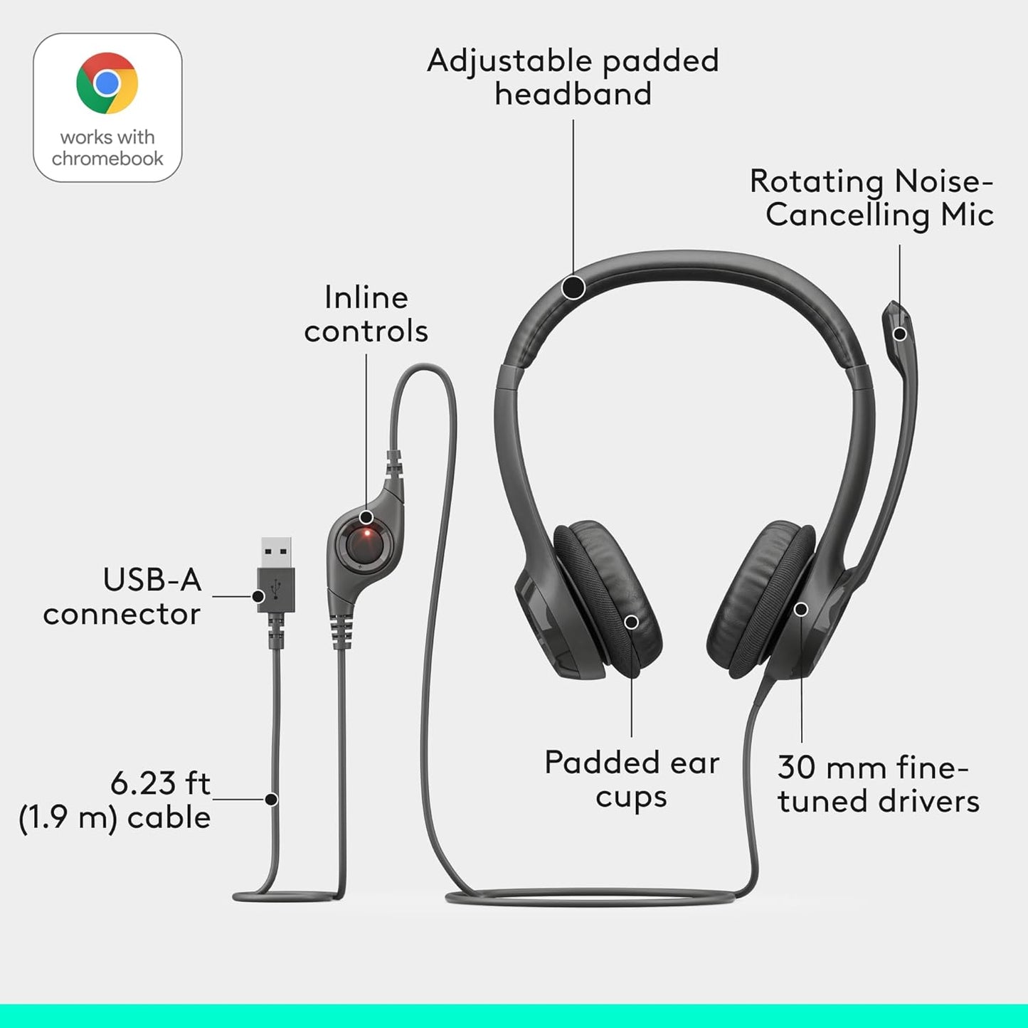 Logitech H390 , Wired Headphones with Mic, USB Headset with Microphone for PC, Noise Cancelling Microphone for Video Meetings, Music, Gaming - Black