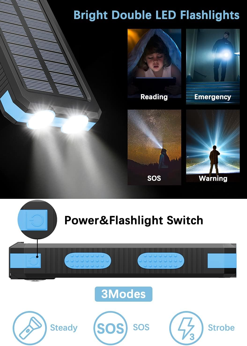 Solar Charger Power Bank - 36800mAh Solar Phone Charger, USB-C QC3.0 Fast Charger with LED Flashlight, IP65 Waterproof Portable Power Bank for Camping, Hiking Outdoor Activities（Blue）