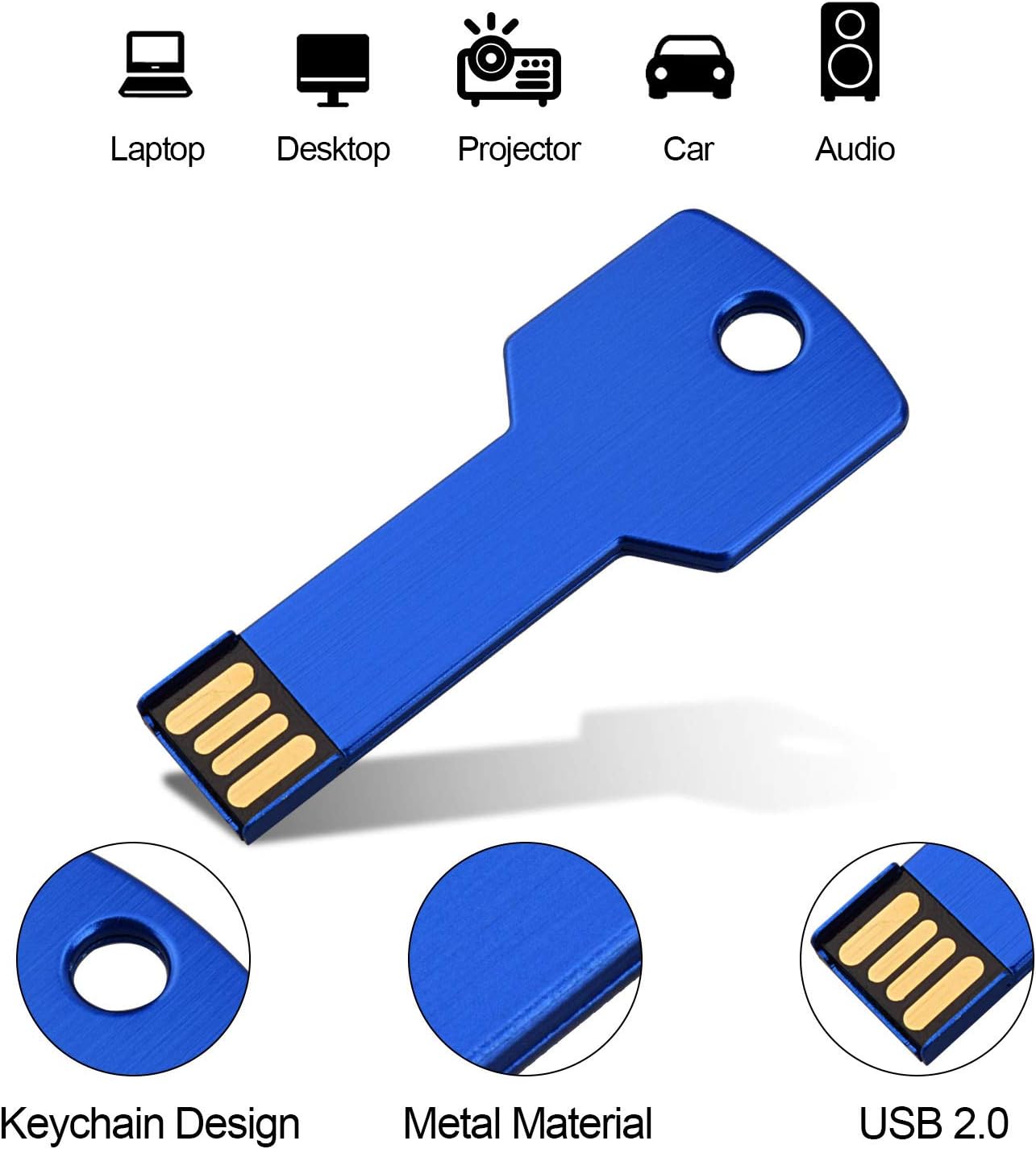 RAOYI 16GB USB Flash Drive USB 2.0 Metal Key Shape Memory Stick Thumb Drive Pen Drive-Blue