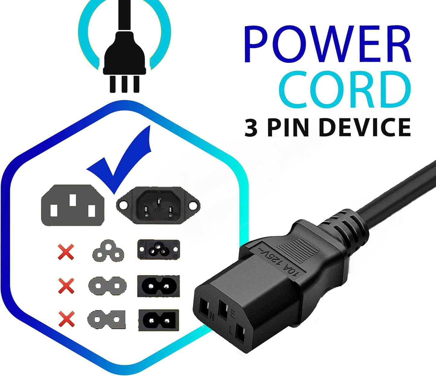 Standard 5ft (1.5m) 10 Amps 125 Volts Black 3 Prong AC Power Cord Cable for Electronics, TV, Computer, Printer, Radio, Monitor, Samsung, Dell, Vizio, LG, Asus, Laptop and More