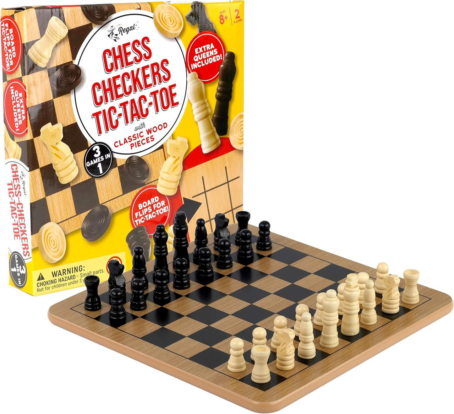 Regal Games Reversible Wooden Board for Chess, Checkers & Tic-Tac-Toe, 2 Player Board Game | 8 to Adult