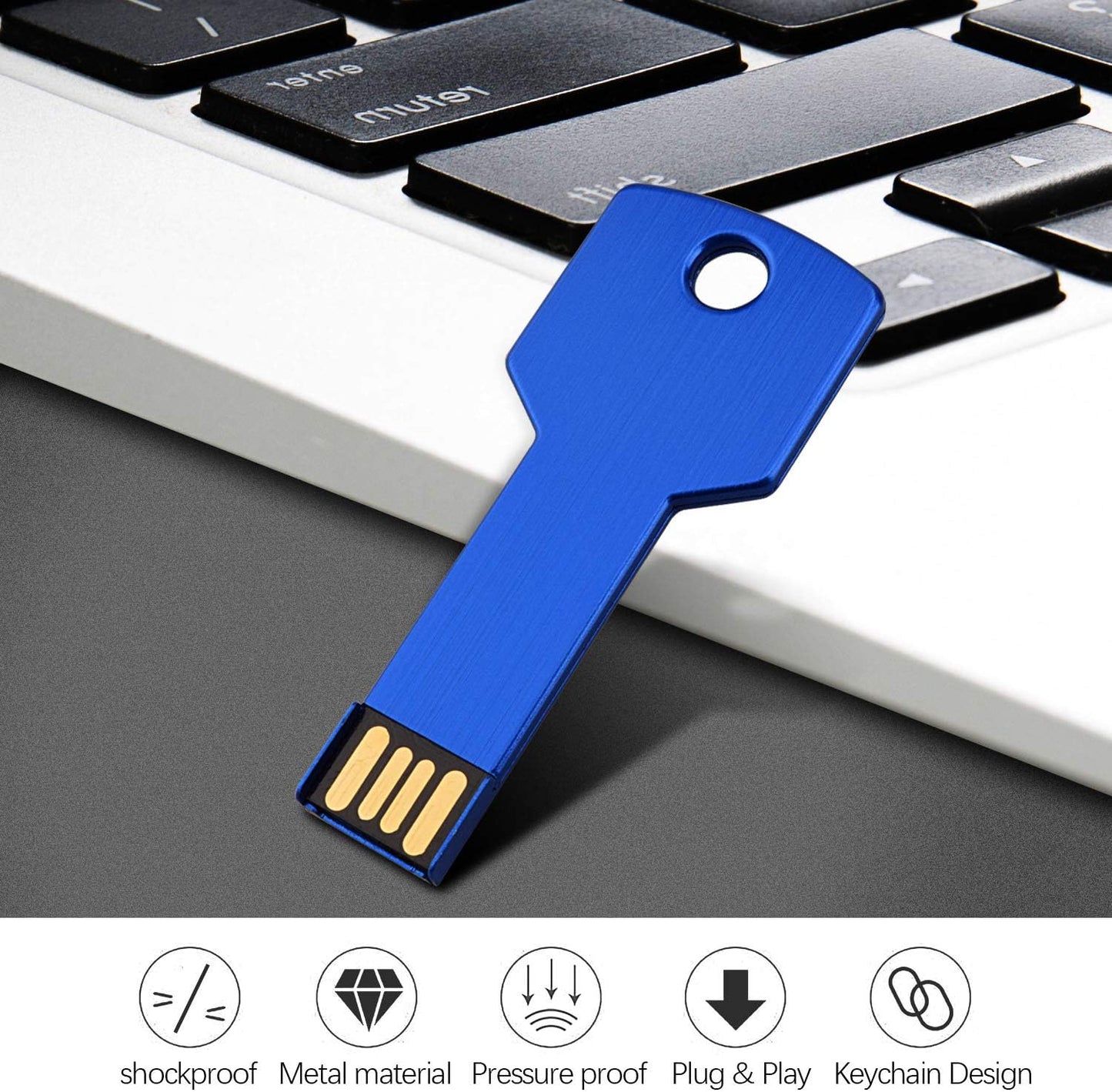 RAOYI 16GB USB Flash Drive USB 2.0 Metal Key Shape Memory Stick Thumb Drive Pen Drive-Blue