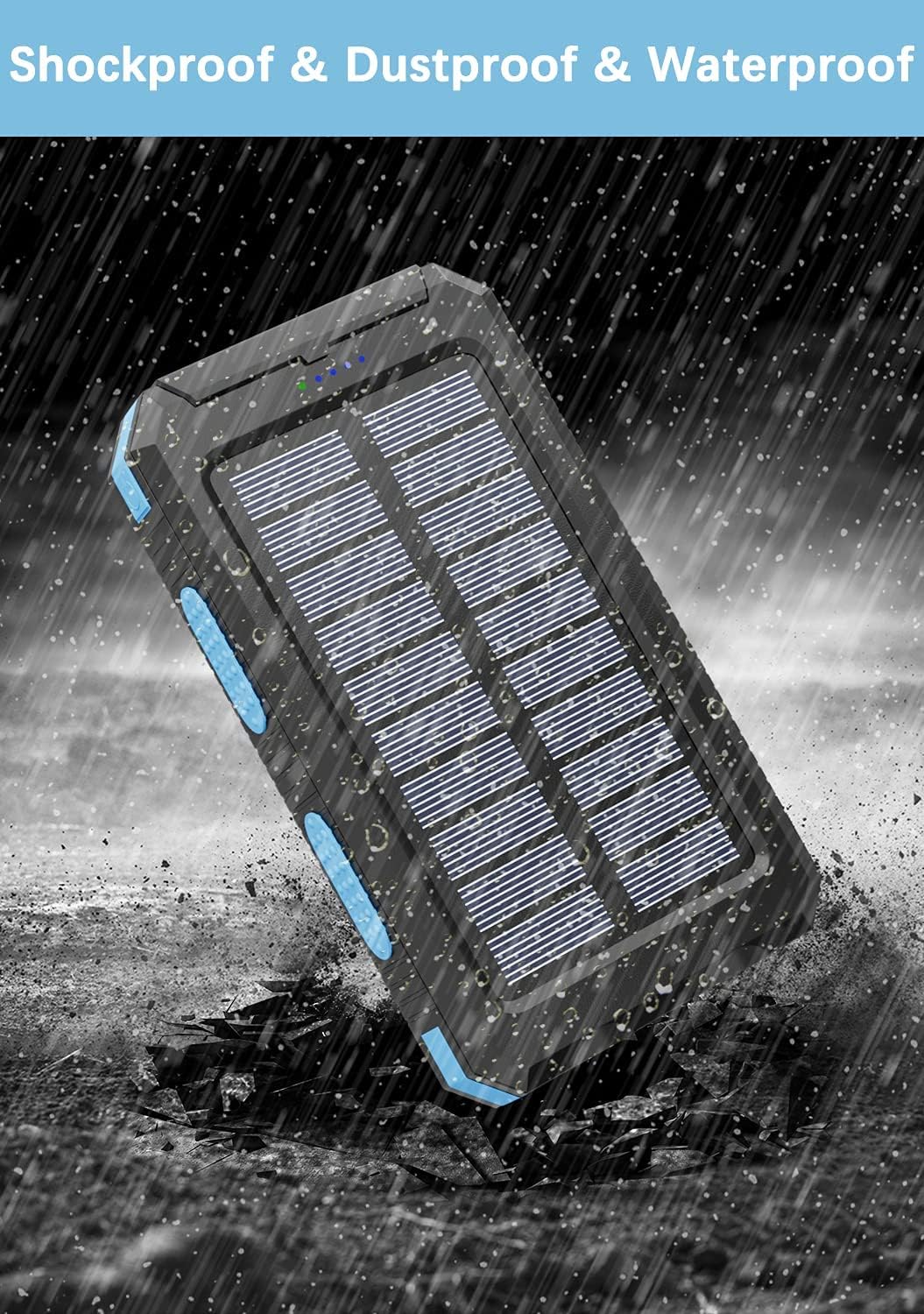 Solar Charger Power Bank - 36800mAh Solar Phone Charger, USB-C QC3.0 Fast Charger with LED Flashlight, IP65 Waterproof Portable Power Bank for Camping, Hiking Outdoor Activities（Blue）