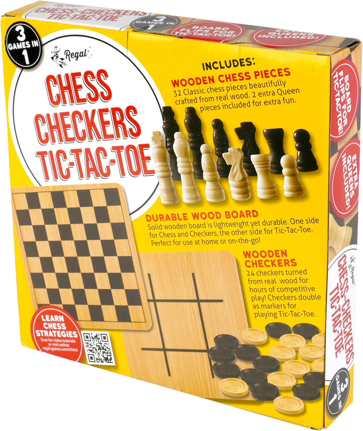 Regal Games Reversible Wooden Board for Chess, Checkers & Tic-Tac-Toe, 2 Player Board Game | 8 to Adult