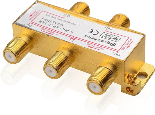 Cable Matters 2.4 Ghz 4 Way Coaxial Cable Splitter for STB TV, Antenna and MoCA Network - All Port Power Passing - Gold Plated and Corrosion Resistant