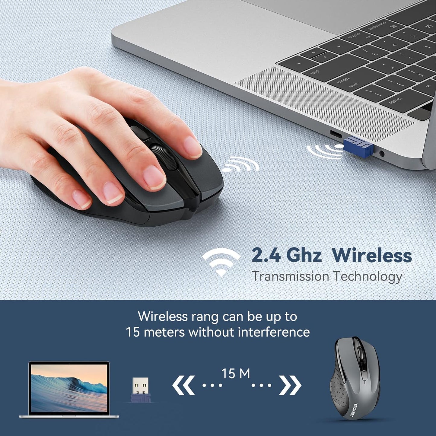 TECKNET Wireless Mouse, 2.4GHz Ergonomic Computer Mouse, Portable Cordless Mice, Mouse for Laptop, 6 Buttons USB Mouse for Chromebook, Ergo Grip, 24 Months Battery - Grey