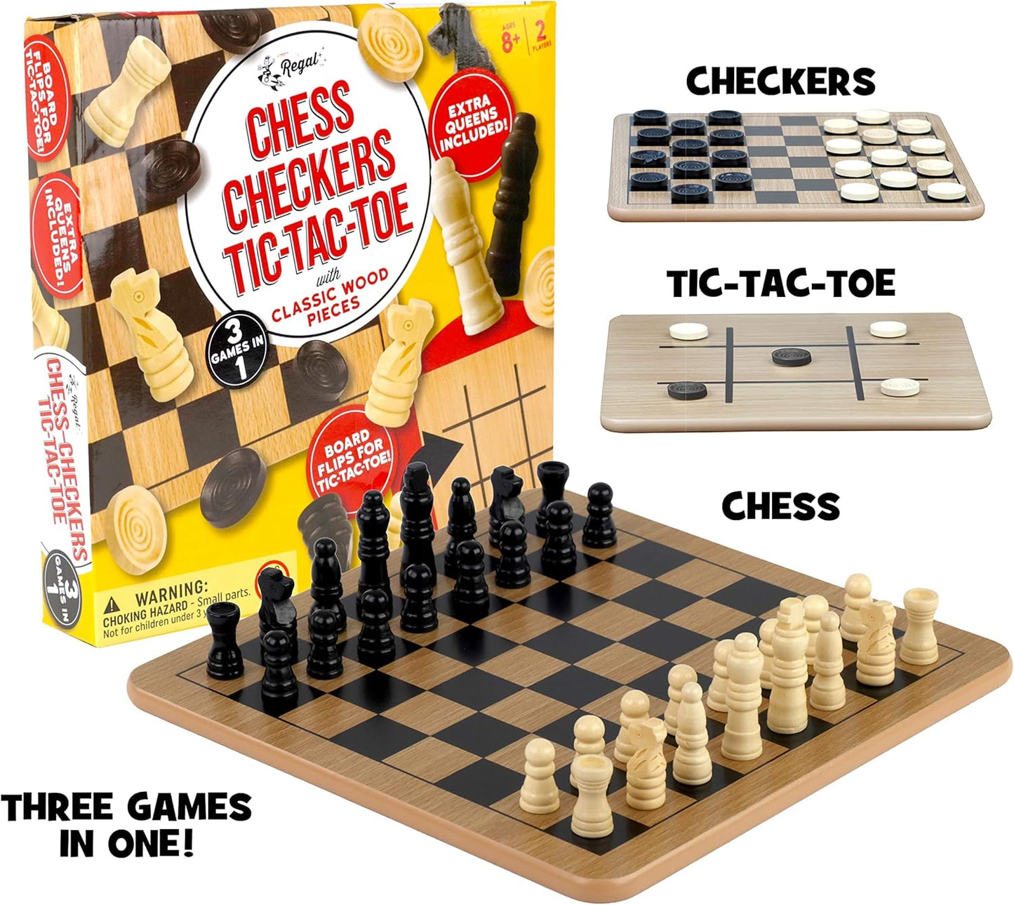 Regal Games Reversible Wooden Board for Chess, Checkers & Tic-Tac-Toe, 2 Player Board Game | 8 to Adult