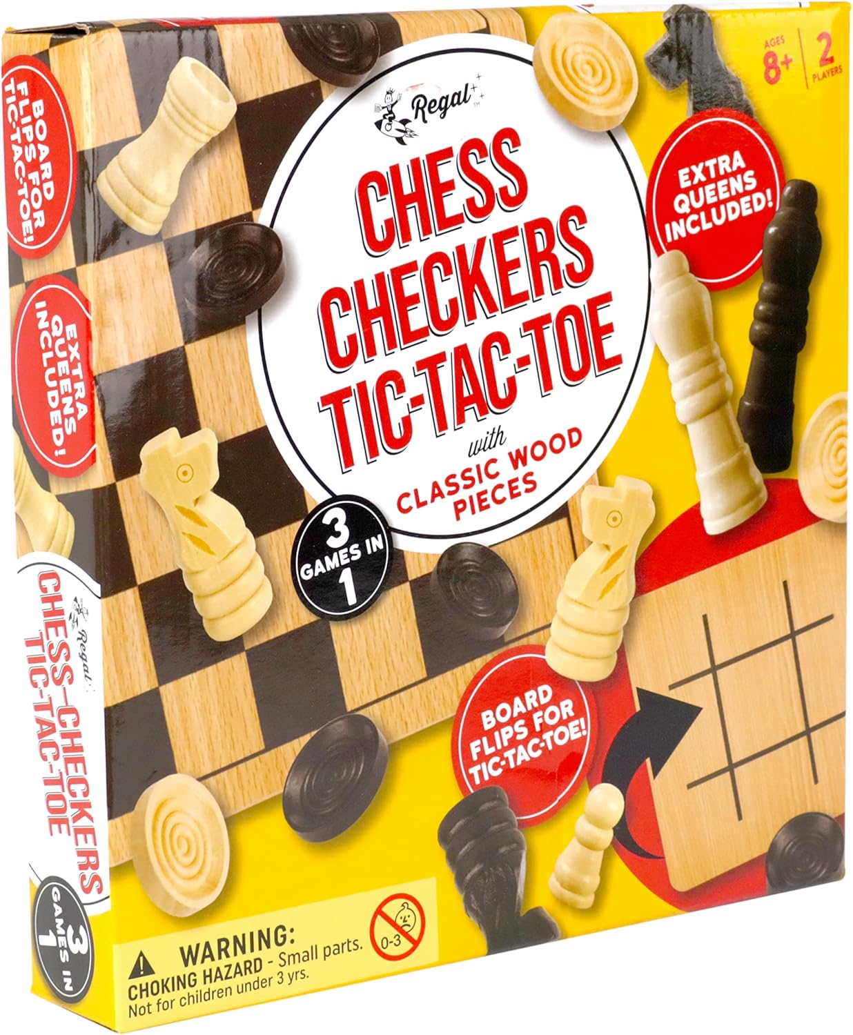 Regal Games Reversible Wooden Board for Chess, Checkers & Tic-Tac-Toe, 2 Player Board Game | 8 to Adult