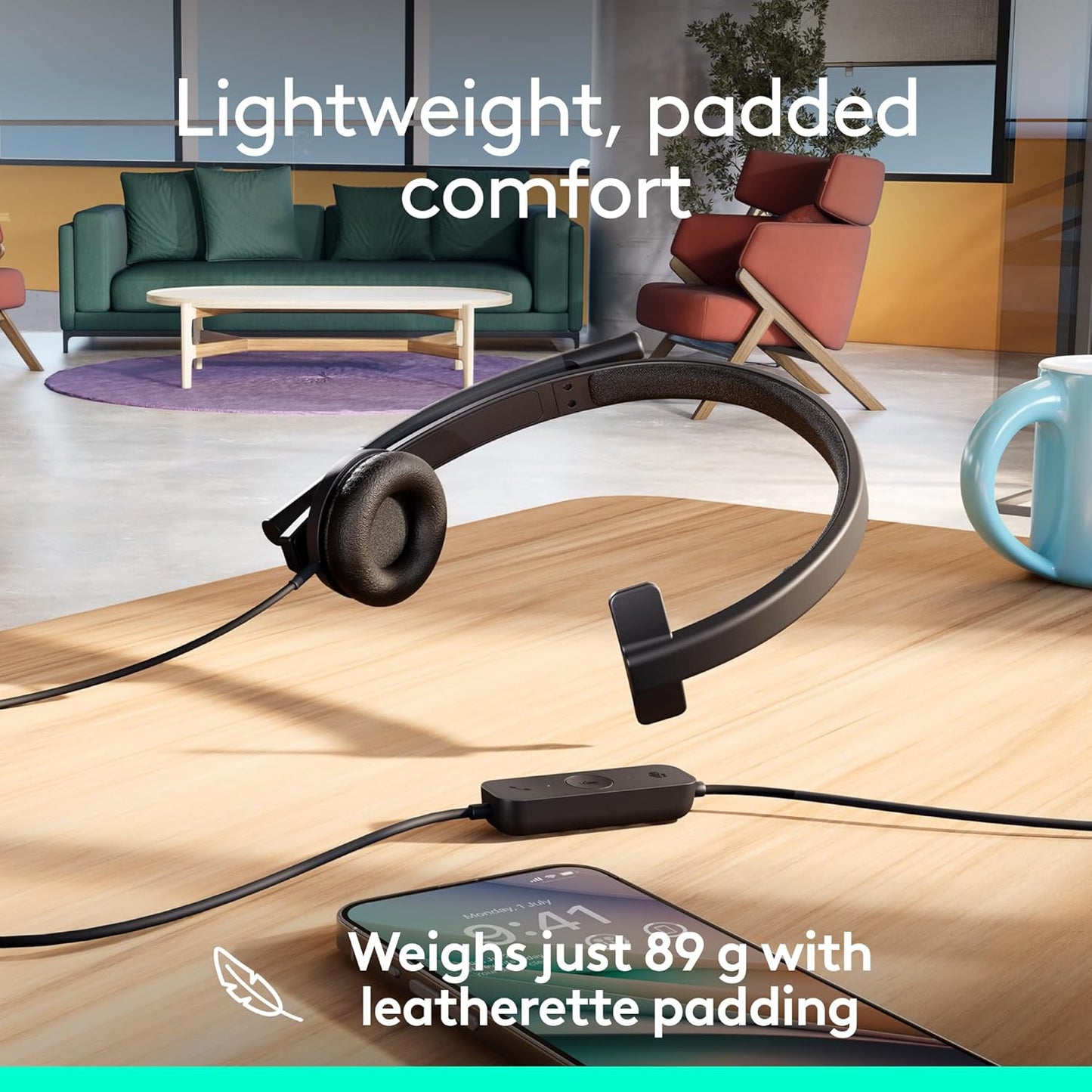 Logitech H570e USB Headset with Microphone for PC and Mac, USB-C Wired Headset with Mono Sound, Noise-Canceling Mics and Inline Controls, Certified for Microsoft Teams, Black
