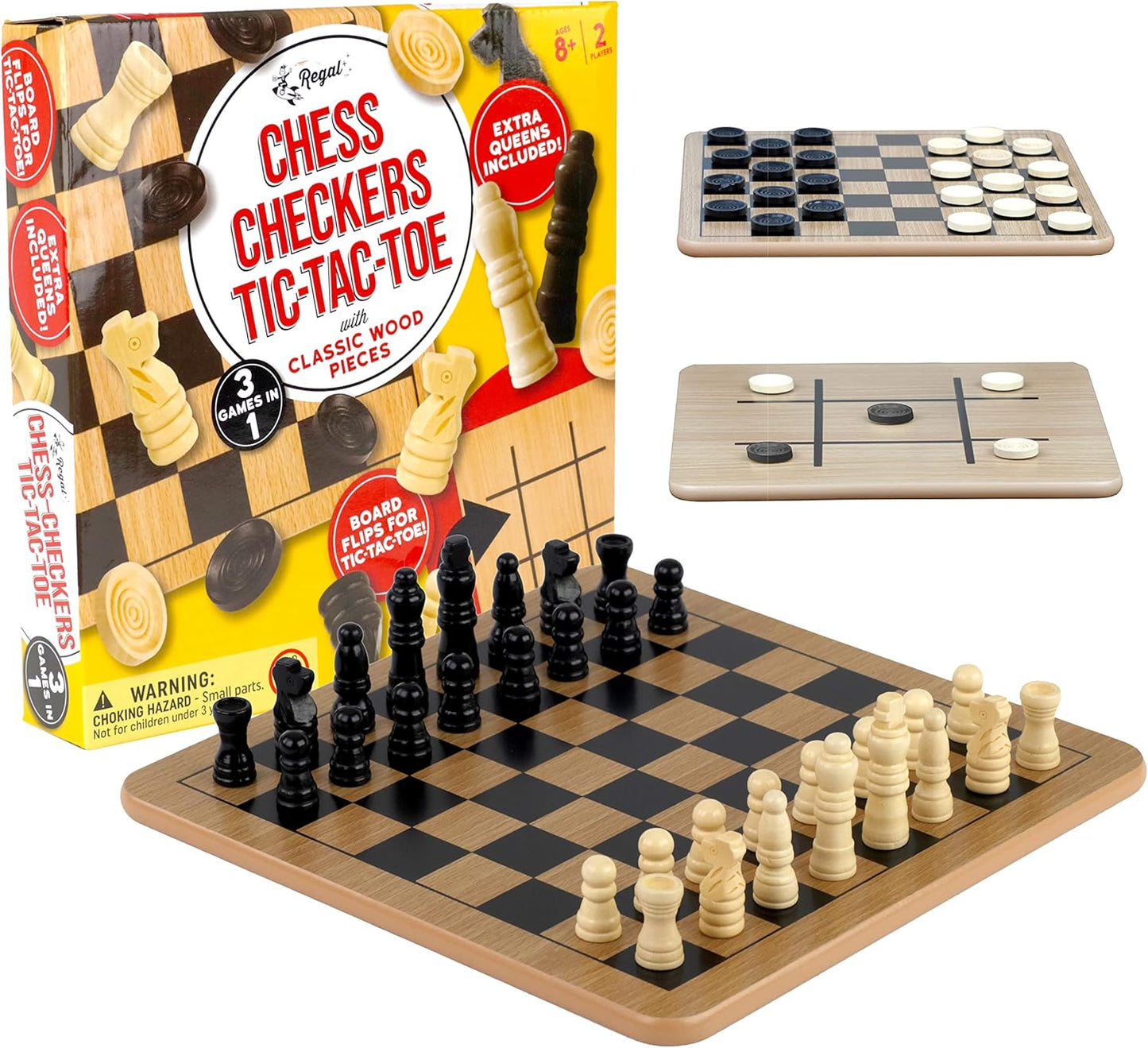 Regal Games Reversible Wooden Board for Chess, Checkers & Tic-Tac-Toe, 2 Player Board Game | 8 to Adult